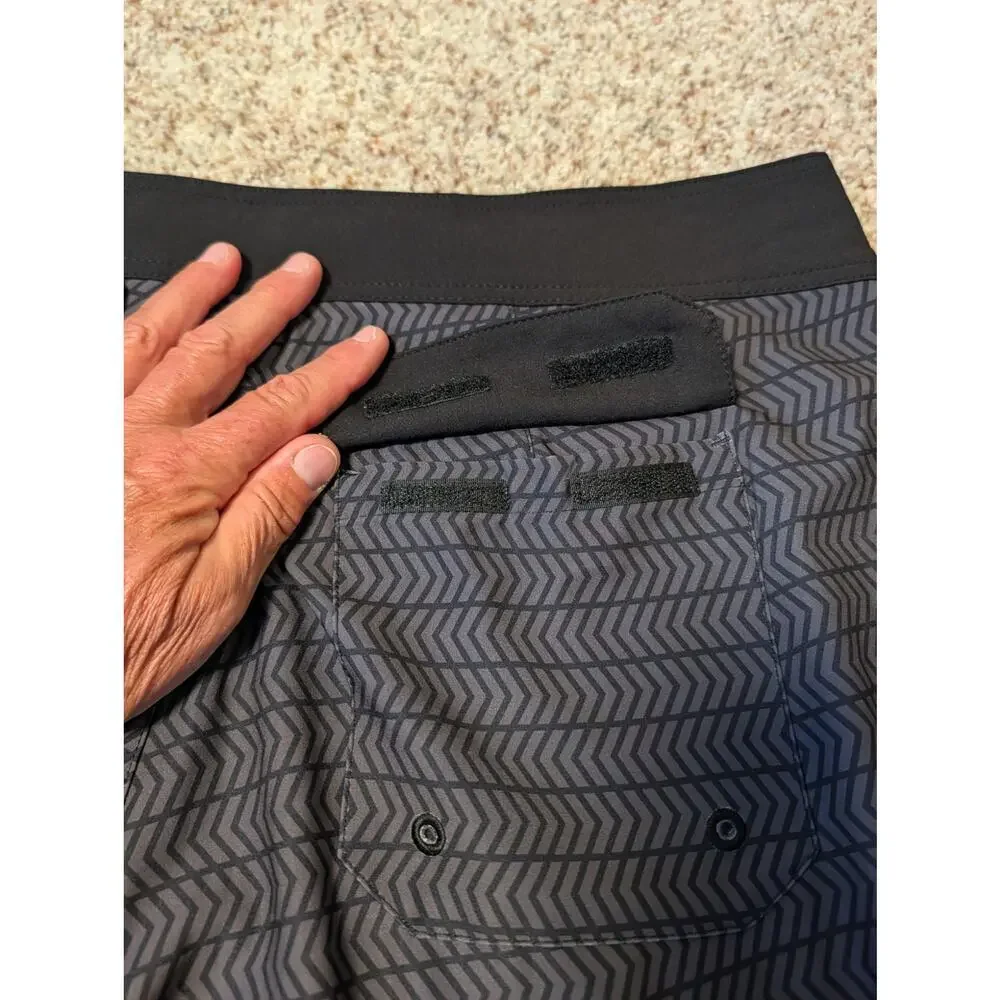 PELAGIC Ridgemont Mens 40;  Swim/board shorts, black/gray; Fishing, yellow trim